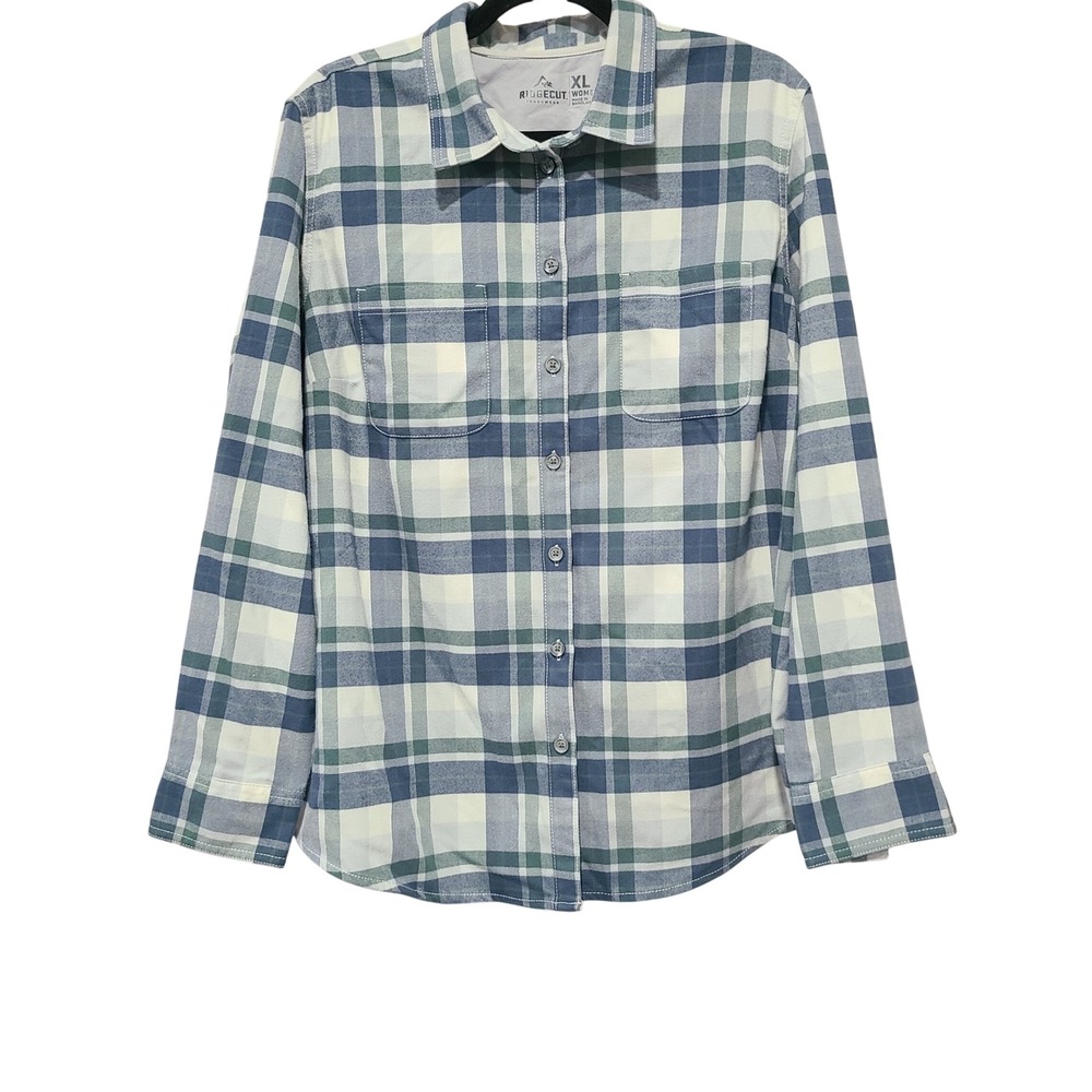 Ridgecut Toughwear Womens XL Blue Plaid Flannel Button Down Shirt Stretch